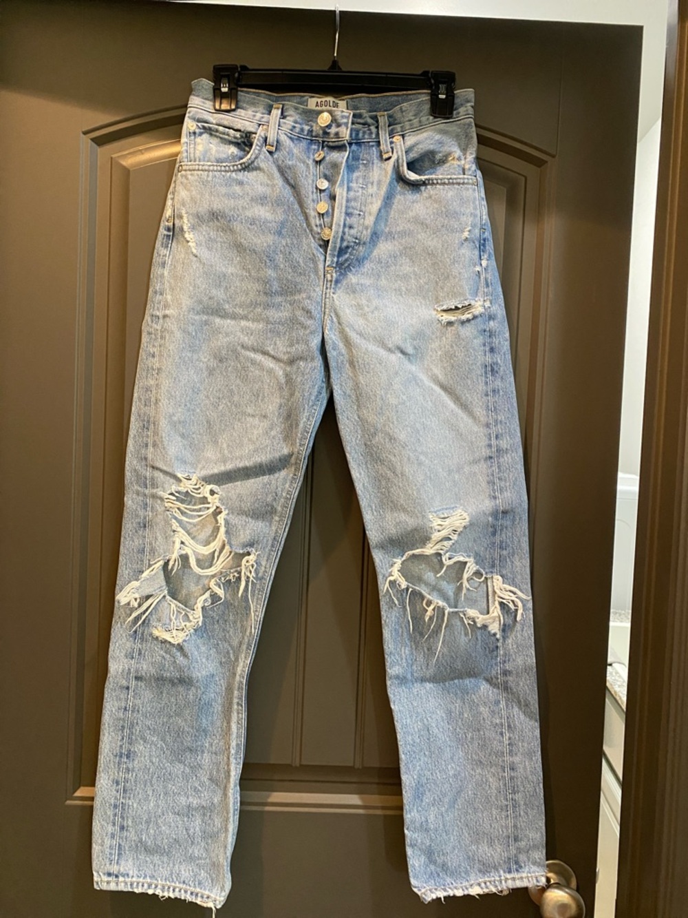 Agolde Light Blue Distressed High-Rise Button-Fly Jeans